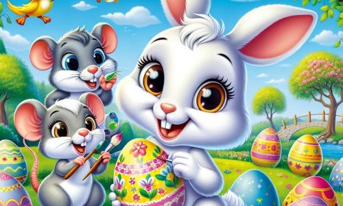 Al centro dell'immagine, Bianchino, un giovane coniglio dalle grandi orecchie bianche e dagli occhi scintillanti di gioia, sta dipingendo un uovo di Pasqua colorato con motivi floreali, con un ampio sorriso sul volto. Accanto a lui, Pino, un piccolo topo dai peli grigi e dagli occhi vivaci, guarda con ammirazione, tenendo una tavolozza di colori tra le zampe, con un'aria entusiasta e pronto a partecipare. Clara, una deliziosa cinciallegra dalle piume gialle brillanti, canta gioiosamente posata su un ramo d'albero, aggiungendo un tocco musicale alla scena. Lo sfondo è un parco primaverile, pieno di fiori vivaci e alberi verdi, sotto un cielo blu chiaro punteggiato di nuvole bianche e soffici. Uova di Pasqua decorate sono sparse intorno a loro, creando un'atmosfera festosa e gioiosa. La situazione principale mostra Bianchino e i suoi amici intenti a preparare un grande concorso di decorazione di uova, circondati da risate e colori, simboleggiando lo spirito di condivisione e amicizia della Pasqua.