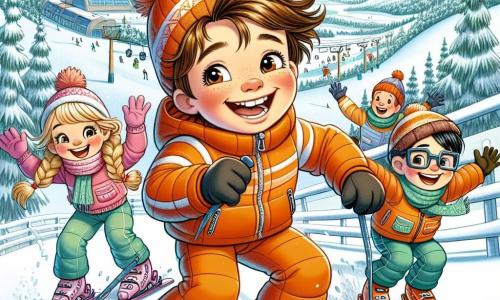 An 8-year-old boy, Max, with messy brown hair and rosy cheeks, is wearing a bright orange ski suit. He is joyfully sliding down a snowy slope, a big smile on his face, his eyes sparkling with excitement. Next to him, an 8-year-old girl, Mia, with braided blonde hair and a red hat, is gracefully jumping, laughing out loud. A 9-year-old boy, Sam, wearing glasses and with black hair, stands a bit behind, ready to take his turn, arms raised in encouragement. The setting is a beautiful ski resort, with majestic mountains covered in sparkling snow under a clear blue sky. Snow-covered fir trees line the slope, and snowflakes are gently falling around them. The main scene shows Max and his friends engaged in a friendly race, united in a spirit of camaraderie, laughing and encouraging each other as they ski down the slope together, ready for a skiing challenge.