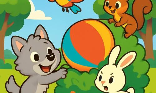 A little wolf named Wiggly, with soft, fluffy light gray fur, has a big joyful smile and sparkling eyes full of excitement. He enthusiastically pulls a large colorful balloon stuck in a green bush. Next to him, Bouncy the little rabbit, with his bright white fur and large upright ears, hops eagerly, showing a determined expression. Flappy, the multicolored bird, flies above them with outstretched wings, wearing a curious and playful look. Squeaky, the little brown squirrel, climbs the bush, his small agile paws gripping the branches, with a focused yet amused demeanor. The setting is a large sunny meadow dotted with colorful flowers and surrounded by majestic trees under a bright blue sky. The main scene depicts Wiggly and his friends united in a joyful effort to free the stuck balloon, creating a moment full of camaraderie and fun.