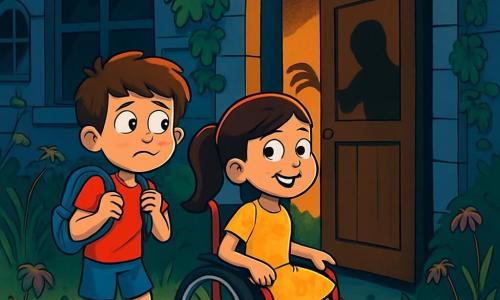 Há 2 personagens principais: - Tomás: um menino de 10 anos, com cabelos castanhos bagunçados e olhos curiosos. Ele usa uma camiseta vermelha e um short azul. Ele está à esquerda, um pouco recuado, com uma expressão corajosa e nervosa. - Sofia: uma menina de 9 anos, com cabelos longos e lisos, presos em um rabo de cavalo. Ela veste um vestido amarelo com estampas de flores e usa uma cadeira de rodas vermelha. Ela está à direita, sorridente e determinada, pronta para avançar. O cenário é uma velha casa misteriosa, cercada por um jardim cheio de ervas altas e flores murchas. As paredes da casa são de pedra cinza, cobertas de hera, e as janelas são escuras, deixando entrever sombras dançantes no interior. A porta da frente, de madeira maciça, está entreaberta, deixando escapar um leve sopro de ar frio. A cena mostra Tomás e Sofia, parados diante da porta da casa, hesitando em entrar. Uma sombra difusa e ameaçadora se perfila atrás da porta, enquanto raios de luz filtram pelas janelas, criando um contraste entre a escuridão e a esperança. Tomás segura sua mochila, enquanto Sofia, cheia de coragem, sorri e parece pronta para enfrentar o desconhecido.