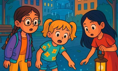 Há 3 personagens: - Lara: uma menina de 9 anos, com cabelos castanhos e tranças coloridas. Ela usa óculos redondos e roupas de cores vivas. Ela está à esquerda, com os olhos arregalados, olhando para a luz misteriosa. - Mia: uma menina de 8 anos, com cabelos loiros e coquinhos. Ela veste uma camiseta com estampas de flores e um short jeans. Ela está no centro, apontando para as luzes azuis que brilham perto do bueiro. - Júlia: uma menina de 9 anos, com cabelos negros e longos, vestindo um vestido vermelho. Ela segura uma lanterna que ilumina o chão e está à direita, inclinada para frente, fascinada pelos símbolos luminosos. O local é uma pequena praça urbana, cercada por edifícios modernos com fachadas brilhantes. Árvores com folhas verdes vibrantes cercam a praça, e um banco de madeira está coberto de gotas de chuva cintilantes. No centro, uma grande fonte jorra água clara, refletindo as luzes da cidade que dançam na superfície. A situação principal mostra as três meninas descobrindo luzes azuis misteriosas que emergem de uma grade de bueiro. As luzes cintilam e desenham símbolos mágicos no chão, enquanto uma brisa leve faz as folhas ao redor dançarem, criando uma atmosfera de encantamento e aventura.