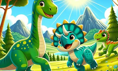 Un diplodocus cu gât lung, numit Dino, stă în centrul scenei, având o expresie veselă și curioasă, cu solzi verzi și pete galbene care strălucesc sub soare. Lângă el, Triki, un triceratops cu coarne impunătoare și piele albastru-verde, sare de bucurie, în timp ce Rapi, un mic velociraptor cu blană roșie aprinsă și ochi strălucitori, aleargă în jurul lor cu entuziasm. Se află într-o vastă pajiște verde, presărată cu flori colorate și copaci mari cu frunze luxuriante, sub un cer albastru deschis și însorit. La orizont, se conturează munți blânzi, adăugând o notă de măreție peisajului. Scena reprezintă momentul în care Dino, Triki și Rapi descoperă Terra, dinozaurul legendar, care strălucește în mijlocul pajiștii, pregătit să li se alăture în aventură.