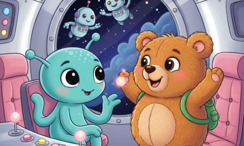 Benny, a small realistic round teddy bear, gazes in wonder with big bright eyes and an open smile, wearing a little green backpack and touching the ship's silver wall with one paw; Zog, a friendly little blue alien with long wavy arms, smooth turquoise skin, large shiny black eyes and a smiling waving antenna, sits in the pilot seat to Benny's left, turned toward him. Two small toy robots float nearby, blinking pink and yellow lights above the dashboard. The oval ship interior is polished metallic with colorful screens, glowing round buttons and soft pink cushions, and a round porthole shows a deep starry sky. Tender, joyful discovery scene as Benny explores the ship and befriends Zog, warm atmosphere, bright colors, soft shapes and smooth textures.