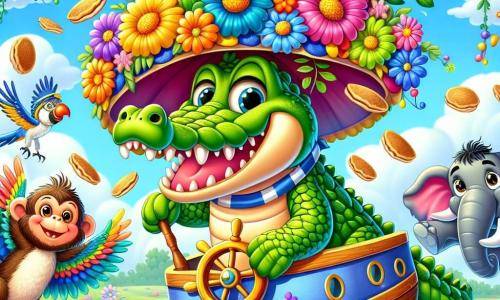 Un crocodil vesel, cu o mare cap verde și solzi strălucitori, poartă o pălărie imensă și colorată cu flori. Zâmbește larg, cu ochii strălucind de entuziasm, ținând un volan de machetă de mașină zburătoare. Lângă el, o maimuță jucăușă, cu blană brună și ochi șireți, jonglează cu clătite în aer, râzând de fericire. O pasăre papagal cu pene strălucitoare de albastru și galben stă pe o ramură, cântând vesel, în timp ce un elefant gri, cu urechi mari, se uită cu curiozitate, pregătit să ajute. Scena are loc pe marginea unui pârâu strălucitor, înconjurat de verdeață luxuriantă, flori colorate și liane suspendate. Deasupra lor, un cer albastru deschis este presărat cu nori pufoși. Situația principală arată crocodilul și prietenii săi în mașina lor zburătoare, pregătită să decoleze, înconjurată de clătite plutitoare care se înalță în aer, creând o atmosferă de bucurie și aventură.