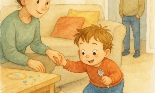 Two-year-old boy with round eyes and tousled brown hair, joyful and focused, holding a small spoon like a badge and reaching under a beige sofa to retrieve a blue cup; his mother, about 30 with hair in a bun and a gentle smile, kneels to his left holding his hand; his father, about 30 with a light beard, stands amused in the hallway; bright living room with cream walls, colorful cushions and a light wood table with a wet ring and crumbs; a toy car nearby; soft afternoon light creates a warm, safe atmosphere as the little detective finds the hidden blue cup.