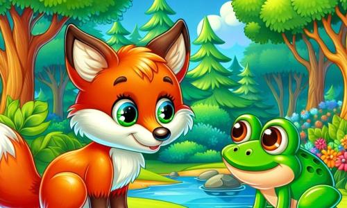 Un pequeño zorro de pelaje naranja brillante y ojos llenos de curiosidad está al borde de un arroyo. Tiene una expresión preocupada en su rostro, orejas erguidas y una cola esponjosa temblando. A su lado, una rana verde brillante, con grandes ojos redondos y una sonrisa alentadora, está sobre una piedra, observando al zorro con benevolencia. El paisaje es un hermoso bosque verde, con árboles majestuosos de hojas brillantes, flores de colores que comienzan a marchitarse y un cielo azul salpicado de nubes blancas. El zorro mira el nivel del agua del arroyo, que está más bajo de lo habitual, y se pregunta cómo puede ayudar a su entorno a recuperar su belleza.
