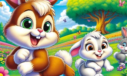 Benny, a small rabbit with big ears and soft brown fur, is joyfully hopping in a field of colorful flowers, his face beaming with happiness and excitement. His eyes sparkle with enthusiasm as he invites his friends to play. Next to him, Andy, a rabbit with bright white fur and curious eyes, sits in a cute little wagon. He smiles widely, showing his joy of being included in the game, with his front paws resting on the edge of the wagon. The setting is a vast green meadow dotted with yellow, pink, and purple flowers, with a majestic oak tree in the background. The sky is bright blue with fluffy white clouds, and colorful butterflies flutter around. The main scene shows Benny and Andy playing together with other rabbits, all laughing and running in different directions, illustrating the joy of friendship and inclusion, while the sun shines warmly on them.