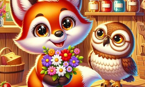 Ein kleiner, leuchtend roter Fuchs mit funkelnden Augen steht in einer charmanten kleinen Küche, mit einem breiten Lächeln im Gesicht und einem bunten Blumenstrauß in seinen Pfoten. Neben ihm beobachtet eine weise alte Eule mit braun-weißen Federn und runden Brillen auf der Nase lächelnd, während sie einen Holzschaber hält, bereit, ihm beim Backen eines Kuchens zu helfen. Die Küche ist warm und einladend, mit Holzwänden, Regalen voller Marmeladengläser und Fenstern, die das goldene Sonnenlicht hereinlassen. Der kleine Fuchs und die Eule bereiten eine Überraschung zum Muttertag vor, umgeben von bunten Zutaten und köstlichen Backaromen.