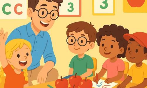 A young teacher, Mr. Leo, smiling and warm, with messy brown hair and round glasses, is crouching in front of a group of children. He wears a blue shirt and beige pants, and his gaze is full of kindness and encouragement. Mia, a 5-year-old girl with braided blonde hair, enthusiastically raises her hand with a big smile. Theo, a 6-year-old boy with glasses and brown hair, attentively watches Mr. Leo, hands on his knees. Poppy, a 5-year-old girl with curly hair, is drawing with colored pencils on a piece of paper, while Jamal, a 6-year-old boy in a red cap, curiously observes the apples on the table. The scene takes place in a bright classroom filled with vibrant colors. Posters of letters and numbers decorate the walls, and small desks are arranged in a circle. In the center, a wooden table is covered with shiny red apples and crayons. Mr. Leo is showing the children how to count and subtract using the apples, while they laugh and enjoy themselves, creating a joyful learning atmosphere.