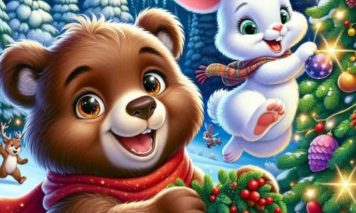 Un giovane orso bruno, di nome Bruno, si trova al centro della scena, con un grande sorriso caloroso sul volto. Ha un pelo morbido e setoso, occhi scintillanti di gioia e indossa una piccola sciarpa rossa attorno al collo. Bruno sta decorando un magnifico albero di Natale, appendendo pigne e bacche colorate. Accanto a lui, un piccolo coniglio bianco di nome Gigi, con grandi orecchie e un pelo splendente, salta di gioia. Tiene una ghirlanda di bacche tra le zampe anteriori, il suo viso radioso di eccitazione e felicità. Dietro di loro, si estende una foresta incantata, con alberi maestosi coperti di neve scintillante. Fiocchi di neve cadono dolcemente dal cielo stellato, creando un'atmosfera magica e calorosa. La scena rappresenta Bruno e i suoi amici mentre preparano una festa di Natale a sorpresa per i piccoli animali dell'orfanotrofio, pieni di entusiasmo e amicizia, in un contesto fiabesco natalizio.