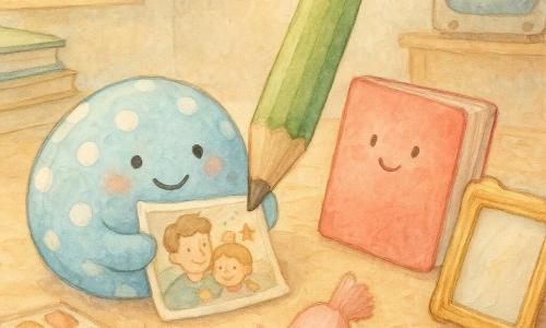Pillo, un cuscino tondo a pois blu e bianchi, sorridente, tiene tra le pieghe una foto un po' stropicciata; Libretto, un piccolo carnet dalla copertina rossa, gli è accanto con una pagina aperta di lettere e cuoricini; Matitino, una grande mina da matita col cappello verde, disegna stelle e cuori sulla foto con tratti vivaci; Spazzolina, una piccola spazzola rosa a setole morbide, saltella davanti pronta a lucidare la cornice dorata lievemente aperta; la scena, su una mensola in legno chiaro di una stanza calda al mattino con luce che filtra, libri impilati, scatola di colori e una micro TV retro, mostra gli oggetti amici che collaborano con cura e tenerezza per incorniciare la foto come regalo per la festa del papà, atmosfera dolce, colori pastello e tratti acquerellati sfumati.