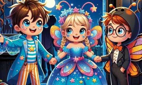 A 5-year-old boy named Jack, with tousled brown hair and sparkling curious eyes, wears a shiny blue costume adorned with twinkling stars. He smiles excitedly, holding hands with his friends, ready to enter a haunted house. Next to him, Mia, a 5-year-old girl dressed as a beautiful butterfly with colorful wings and braided blonde hair, dances joyfully, her face glowing with happiness. Max, a 5-year-old boy with glasses and red hair, stands a bit back, looking both brave and slightly nervous, ready to follow his friends. The scene takes place in front of a dark and mysterious haunted house, with creaky wooden windows and cobwebs in the corners. Glowing pumpkins decorate the doorstep, casting a warm orange light on Halloween night. The main focus shows Jack and his friends gathered in front of the haunted house door, exchanging looks of excitement and apprehension, ready to embark on their adventure, while a wise owl watches them from a branch above.