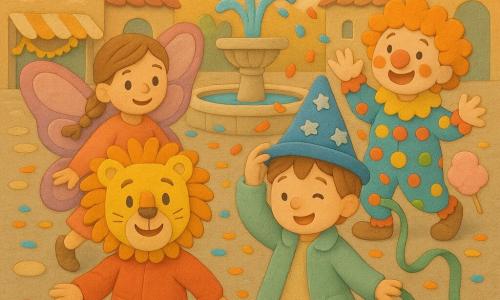 Quattro bambini: Luca, 4 anni, con maschera di leone gialla e giacca rossa, tiene un nastro rosso e fa un piccolo passo ruggente; Nino, 4 anni, con cappello da mago blu a stelline e mantello verde chiaro, tiene un nastro verde che svolazza e lascia cadere coriandoli; Farfalla, 5 anni, in costume da farfalla rosa e viola con ali trasparenti e treccia, batte le ali sorridendo; Clownetto, 5 anni, con nasino rosso e costume a pois, capelli ricci arancioni, salta facendo un gesto con le mani. Ambientazione: piazza di paese in bassorilievo con sampietrini beige e grigi, fontana centrale in pietra con acqua scintillante, bandierine multicolori e bancarelle di festa con zucchero filato rosa. Situazione: parata di carnevale pacata davanti alla fontana, i bambini procedono in corteo al ritmo calmo 