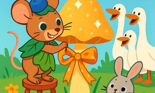 A little mouse named Mimi, with soft brown fur and sparkling mischievous eyes, stands on a small wooden stool, a joyful smile on her face. She wears a leaf cape and a blueberry hat, while she ties a shiny ribbon to a large bell-shaped mushroom that glistens in the sun. Nearby, three white geese with bright feathers and long curious necks watch Mimi with amused expressions, ready to burst into laughter. A small rabbit with big ears, gray fur, and round eyes observes the scene happily hopping a little to the side. The scene takes place in a green meadow dotted with colorful flowers and clovers, under a clear blue sky with fluffy clouds. The large mushroom stands majestically in the center, surrounded by blades of grass that gently sway in the wind. Enthusiastic Mimi is preparing a surprise for her friends by decorating the mushroom with the sparkling ribbon, while the laughter of the geese and other animals fills the air, creating a joyful and festive atmosphere.