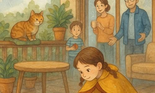 Fată de 8 ani, față rotundă cu pistrui, părul brun în două cozi și pelerină galbenă, îngenuncheată pentru a-şi băga mâna sub o masă udă, descoperind un mic carneţel verde; fratele ei de ~10 ani, păr scurt și tricou în dungi, stă în spatele unei uşi vitrate cu un măr în mână și privește curios; tatăl, în jur de 40 de ani, cu ochelari subţiri și jachetă albastră, este în interior lângă canapea cu mâinile deschise; mama, în jur de 30 de ani, cu părul prins, zâmbește din prag ținând o ceașcă de ciocolată caldă; o pisică tigrată (feminină) este cuibărită pe un pernuț umed pe balustradă; scena are loc pe o terasă acoperită după ploaie, cu podea de lemn lucioasă, o masă rotundă deschisă la culoare, ghivece cu frunze lucioase și o mare fereastră care reflectă norii — atmosferă calmă și veselă de descoperire.
