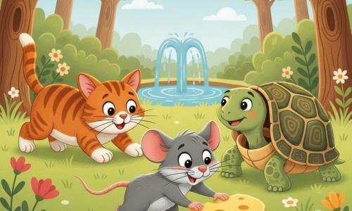Un pequeño ratón astuto y emocionado de pelaje gris alcanza un gran trozo de queso amarillo, con una sonrisa traviesa y algo de inquietud, inclinándose hacia adelante; detrás y ligeramente a la derecha, una tortuga sabia abre su caparazón para ofrecer refugio; a la izquierda, un gato peludo y sorprendido, agazapado, se aproxima; todo ocurre en un claro soleado del bosque con hierba verde, flores y una pequeña fuente detrás de la tortuga; la escena muestra tensión pero ternura, colores vivos y formas simples y redondeadas aptas para niños pequeños.