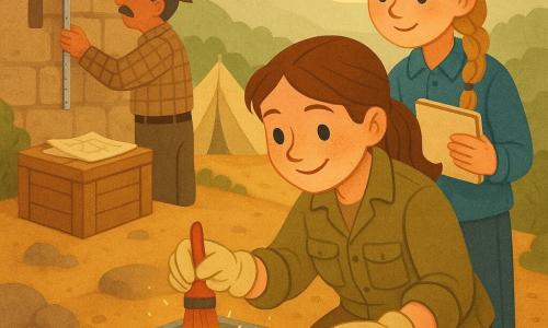 Uśmiechnięta, skupiona archeolożka z brązowym kucykiem i twarzą przyprószoną złotym kurzem, w khaki kurtce i beżowych rękawiczkach, klęczy i szczotkuje małym czerwonym pędzelkiem błyszczący zielony fragment ceramiki w szarej skrzynce; za nią stoi ciekawska nastoletnia pomocnica (ok. 14 lat) z blond warkoczem w niebieskim stroju z szkicownikiem, a po lewej stoi starszy badacz (ok. 55 lat) z wąsami i opaloną skórą w kraciastej koszuli mierzący kamienny mur długą metalową miarką; miejsce: skalisty szczyt ze starym beżowym murem z małymi otworami, ochrowa ziemia, zielone wzgórza i mglista dolina w tle, beżowe namioty i mapa na skrzyni; scena główna: delikatne odkrycie zielonego fragmentu ceramiki w cieple zachodzącego słońca, unoszący się drobny pył, starannie rozłożone narzędzia i atmosfera skupionej, wspólnej pracy.