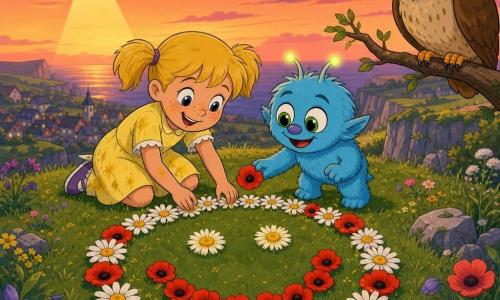 Six-year-old Lily, joyful with a round freckled face and blonde pigtails, kneels arranging daisies and poppies into a large smiling face on the grass; beside her stands Zog, a small sky-blue furry alien with big green eyes and tiny glowing antennae, helping place a flower; a wise old brown-speckled owl with bright orange eyes watches from a branch to the right; they are on a grassy cliff overlooking a small village, with velvet green grass, colorful flowers, textured gray rocks, and a pink‑orange twilight sky; together they create a floral smiling signal to guide a ship, warm friendly mood, vivid colors, soft outlines, centered composition, 1990s cartoon style.