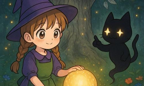 Lila, an apprentice witch of about 10, stands with bright eyes and a shy smile, light brown braided hair, wearing a simple purple dress and green apron, one small hand on a glowing stone pulsing a soft golden light; Ember, a friendly cat-sized shadow creature with starry eyes, floats encouragingly to her right; a huge ancient tree with silver bark and metallic leaves fills the background as yellow fireflies drift, the mossy ground edged with vivid blue, pink and orange flowers; a dark shadow to the left of the stone swirls and dissolves into golden filaments; warm, contrasting colors, clear manga-style lines, comforting magical wonder.