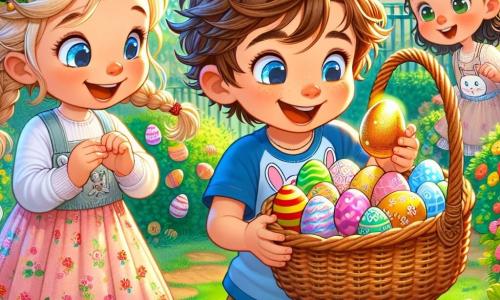 A 6-year-old boy, Timmy, with messy brown hair and sparkling joyful eyes, stands in the center of the image holding a wicker basket filled with colorful eggs. He wears a blue t-shirt with a bunny design and yellow shorts, displaying a big excited smile as he discovers a shiny golden egg in the garden. Next to him, his best friend Lily, a 6-year-old girl with braided blonde hair and round glasses, looks in awe at the golden egg, dressed in a pink floral dress. A little further away, Jack, a 6-year-old boy with black hair and a red cap, is crouched down, searching under a bush, focused on his egg hunt. The setting is a sunny garden filled with colorful flowers, lush greenery, and Easter decorations like bunny garlands and painted eggs hanging from the trees. The main scene shows Timmy, Lily, and Jack in the midst of an Easter egg hunt, with expressions of joy and excitement as they discover the hidden treasure of the golden egg together.