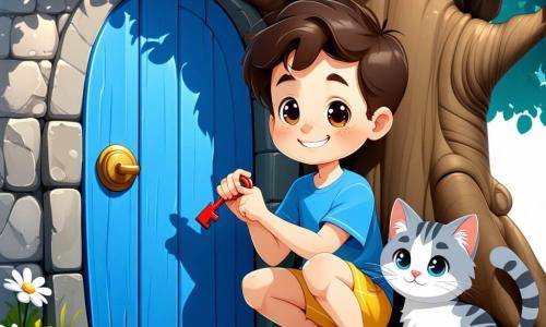 A 4-year-old boy named Max, with bright eyes and curly hair, smiles in wonder while holding a red key in his hand. He wears a blue t-shirt and yellow shorts, crouched in front of a small blue door hidden behind a large tree. Beside him is his cat Daisy, soft and fluffy, with gray and white tabby fur, curiously looking at the door, her green eyes sparkling with excitement. The setting is a sunny garden filled with colorful flowers and lush greenery, with a large gnarled tree hiding the door. Sunbeams filter through the leaves, creating dancing shadows on the ground. The main scene shows Max and Daisy discovering the blue door, ready to enter a magical world, with expressions of curiosity and adventure on their faces.