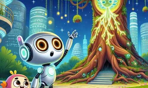 Im Mittelpunkt des Bildes steht ein kleiner Roboter namens Blink, mit runden, leuchtenden Augen, einem silbernen Metallkörper und beweglichen Armen, der staunend einen großen, alten Baum mit leuchtendem Laub betrachtet, der die Natur symbolisiert. Blink zeigt Neugier und Aufregung, seine Arme sind zum Zeichen der Entdeckung erhoben. Neben ihm springt ein lebendiger Rucksack namens Tasche mit einem lächelnden Gesicht und kleinen Beinen vor Freude, seine leuchtenden Farben heben sich vom Hintergrund ab. Tasche zeigt begeistert auf den Baum und teilt Blinks Staunen. Der Ort ist ein versteckter Park im Herzen einer futuristischen Stadt, mit glitzernden Glasgebäuden im Hintergrund, hängenden Gärten und schwebenden Lichtern, die den Dämmerungshimmel erhellen. Der Boden ist mit leuchtenden Blumen und Mosaikwegen bedeckt. Die Hauptsituation zeigt Blink und Tasche, die den großen magischen Baum entdecken, der sich öffnet und ein Hologramm der einstigen Stadt zeigt, die voller Natur und Leben war, während sie staunend vor dieser Offenbarung stehen.