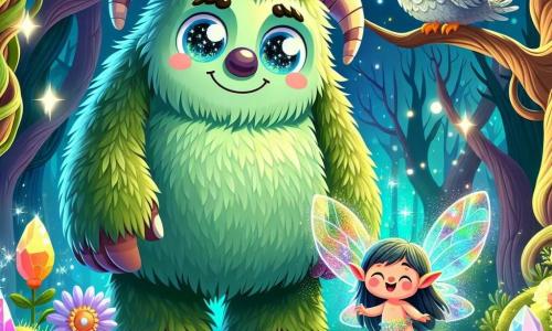 Un grande mostro gentile di nome Gorgo, con un pelame verde muschioso e occhi brillanti come stelle, si trova al centro di un radura incantata. Il suo sorriso caloroso e le grandi orecchie rotonde esprimono curiosità e determinazione. Accanto a lui, un piccolo spirito del bosco, con ali traslucide scintillanti e un volto sorridente, danza gioiosamente, fluttuando leggermente sopra il suolo. Sullo sfondo, un vecchio gufo saggio, con piume grigie e occhi penetranti, osserva la scena da un ramo, pronto a dare consigli. Il luogo è una foresta magica, piena di alberi dai tronchi contorti, fiori multicolori che brillano sotto la luce della luna, e una fonte luminosa al centro, emettendo riflessi arcobaleno. La scena principale mostra Gorgo e gli spiriti uniti in una danza gioiosa, celebrando la vittoria sull'ombra malefica che minacciava il loro mondo, mentre la luce del Cristallo del Cuore illumina la scena con un bagliore caldo e confortante.