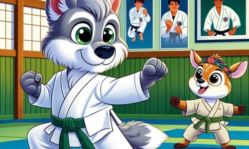 Mały wilk o imieniu Lupo, z szarym futrem i błyszczącymi oczami pełnymi determinacji, stoi w centrum dojo karate, ubrany w biały kimono, które lekko unosi się wokół niego. Wyraża koncentrację i odwagę, gotowy do wykonania imponującego kopnięcia. Obok niego jego najlepsza przyjaciółka Zosia, mała sarenka z dużymi, łagodnymi oczami i białymi plamkami na grzbiecie, zachęca go entuzjastycznym uśmiechem, unosząc przednie łapy w geście wsparcia. Na głowie ma kolorową opaskę i stoi na palcach, pełna energii. Dojo jest przestronne, z zielonymi tatami na podłodze, ścianami ozdobionymi plakatami mistrzów karate i oknami wpuszczającymi światło słoneczne, co tworzy ciepłą i motywującą atmosferę. Główna scena pokazuje Lupo w akcji, wykonującego spektakularne kopnięcie, podczas gdy inne dzieci w dojo obserwują go z podziwem, tworząc atmosferę koleżeństwa i ekscytacji.