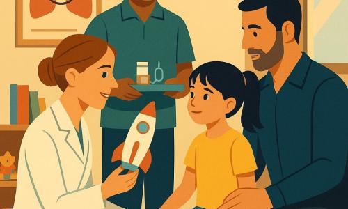 Médica de unos 35 años, pelo castaño claro recogido en moño, bata blanca, rostro sonriente y sereno, arrodillada frente a una niña sosteniendo una cámara de inhalación transparente como un pequeño cohete; niña de unos 8 años, pelo negro en coletas, ojos algo preocupados pero confiando, ropa colorida (camiseta amarilla y vaqueros), toma la mano de su padre; padre de unos 40 años, barba corta, chaqueta azul oscuro, sentado junto a ella con la mano en su hombro, aliviado y atento; enfermero de unos 30 años, piel morena, polo verde, al fondo con una bandeja con estetoscopio y cajas, sonriendo discretamente; sala de espera luminosa y cálida, paredes crema con póster educativo de un pulmón sonriente, estantes bajos con juguetes y libros, suelo de madera y gran ventana con luz suave; la médica muestra la cámara de inhalación como un “cohete” cerca del rostro de la niña, ella simula una gran inhalación en una atmósfera tranquilizadora y empática.