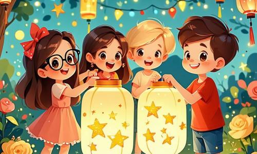 Em um jardim iluminado por lanternas coloridas, quatro amigos se reúnem para celebrar o Ano Novo. Sofia, uma menina de 10 anos com cabelos longos e óculos redondos, decora uma lanterna com estrelas douradas, sorrindo alegremente à esquerda da imagem. Miguel, um menino de 9 anos com cabelos loiros bagunçados e uma camiseta vermelha, faz caretas enquanto segura uma lanterna azul, à direita de Sofia. Clara, uma menina de 10 anos com cabelos castanhos e um vestido rosa, salta de alegria com uma lanterna verde acima da cabeça, no centro da imagem. João, um menino de 9 anos com cabelos negros e um suéter azul, escreve em uma lista de resoluções, sentado em uma pequena cadeira de madeira à direita de Clara. O jardim está cheio de flores coloridas e luzes, criando uma atmosfera festiva, com um céu estrelado e fogos de artifício ao fundo. Os amigos, todos reunidos, estão prontos para soltar suas lanternas no céu, expressando seus desejos para o novo ano com sorrisos e risadas.