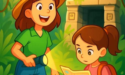 Eine Entdeckerin, Lara, steht im Mittelpunkt der Szene mit einem breiten Lächeln im Gesicht. Sie trägt einen breiten Strohhut, ein leuchtend grünes T-Shirt und eine Jeansshorts und hält eine Taschenlampe in einer Hand, während sie erstaunt einen alten Steintempel betrachtet. Neben ihr steht ihre beste Freundin Anna, ein 8-jähriges Mädchen mit braunen Haaren, die zu einem Pferdeschwanz gebunden sind. Sie trägt ein pinkes T-Shirt und einen kleinen Rucksack. Sie schaut konzentriert auf eine Karte, die sie in den Händen hält. Im Hintergrund wird der majestätische Tempel von großen, grünen Farnen und herabhängenden Lianen umgeben, mit geheimnisvollen Mustern, die in die moosbedeckten Steinwände eingraviert sind. Sonnenlicht filtert durch die Bäume und erzeugt tanzende Schatten auf dem Boden. Lara und Anna sind bereit, den Tempel zu betreten, mit aufgeregten und neugierigen Ausdrücken auf ihren Gesichtern, während sie sich darauf vorbereiten, die verborgenen Geheimnisse im Inneren zu entdecken.