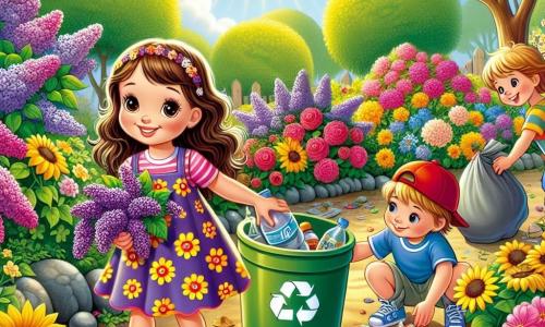 Una niña de 5 años, Valentina, con largos cabellos castaños y ojos llenos de curiosidad, sonríe alegremente mientras sostiene un gran contenedor de reciclaje. Lleva un vestido colorido con motivos de flores y sandalias. A su lado, su amigo Tomás, un niño de 6 años con una gorra roja y una camiseta azul, recoge basura con determinación. Sofía, una niña de 5 años con cabello rubio y rizado, está agachada cerca de una planta, sosteniendo una botella de plástico que está a punto de poner en el contenedor de reciclaje, mostrando una sonrisa orgullosa. El jardín es un lugar vibrante y soleado, lleno de flores multicolores, lilas violetas, girasoles amarillos y rosas rojas, con árboles verdes al fondo. La situación principal muestra a Valentina y sus amigos limpiando el jardín, recogiendo basura y plantando semillas, mientras ríen y se animan mutuamente, creando un ambiente alegre y colaborativo.