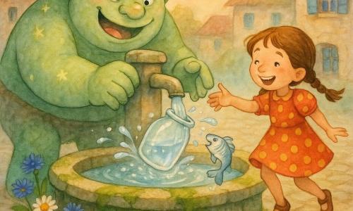 Un ogre mare și rotund, vesel și ușor surprins, piele verde pal cu pete ca stele, ochi rotunzi, mâini stângace care împing delicat un borcan de sticlă prins în duza unei fântâni; o fetiță, Măriuca, ~7 ani, păr brun în două codițe, rochie roșie cu buline galbene, râde și dansează pe marginea fântânii întinzându-i mâna (dreapta, ușor înainte); un peștișor argintiu cu solzi sclipitori sare din apă lângă borcanul eliberat; piațeta pietruită cu fântână rotundă de piatră acoperită de mușchi, flori la margine, case cu obloane albastre și cer pastelat la apus; momentul salvării: apă stropind ușor, picături ca perle, borcan care se desprinde încet, amândoi zâmbind, atmosferă caldă și comică, culori pastel și linii moi.