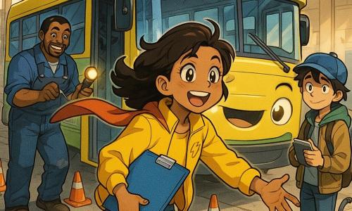 Mira Zoom, a heroic woman with a joyful, focused face and bright eyes, wearing a vivid yellow jacket with a small lightning patch, a red cape-scarf, and squeaky white sneakers, firmly holds a large blue clipboard with papers and reaches toward a bus with a confident, gentle posture; Theo, a ~15-year-old boy with messy hair under an oversized cap, looks embarrassed then relieved, clutching a small notebook and standing slightly behind Mira; Lenny, a burly ~40-year-old mechanic in blue overalls with greasy hands, smiles while holding a flashlight near an open bus panel to Mira's left; Bus Twenty-Two, a large yellow-green bus with a banana sticker on the window, blinking headlights like friendly eyes and a slightly open door like a smiling mouth, parked in front of them; inside a bright depot hangar with concrete floors stained with oil, orange cones, road posters, a red tool cart, an animated-looking mop bucket, and an open garage door letting in morning light; main situation: Mira returns the clipboard found on the confused bus, a warm, comic atmosphere with repair gestures and exaggerated manga-style expressions, saturated contrasting colors, centered composition on the exchange, slightly top-down perspective to show the hangar.