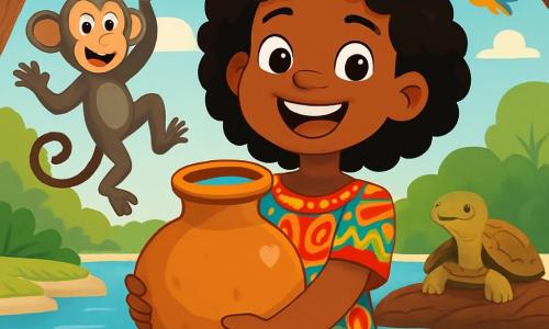 Nia, una joven africana de unos 12 años, tiene el cabello negro y rizado, y una gran sonrisa brillante que expresa alegría y determinación. Lleva un vestido colorido de tela tradicional, adornado con patrones vibrantes, y sostiene una calabaza llena de agua fresca en sus brazos. Junto a ella, un pequeño mono travieso, con pelaje gris y ojos pícaros, salta de rama en rama, animándola con entusiasmo. En el fondo, una tortuga antigua, con un caparazón rugoso y ojos sabios, descansa sobre un tronco flotante en medio del río. La escena se desarrolla a orillas del río Yemba, donde el agua brilla bajo el sol dorado. Árboles majestuosos con hojas verdes y brillantes rodean la orilla, y aves coloridas vuelan en el cielo azul. Nia, llena de coraje, acaba de llenar su calabaza de agua del río, lista para regresar a su aldea y ayudar a su comunidad sedienta.