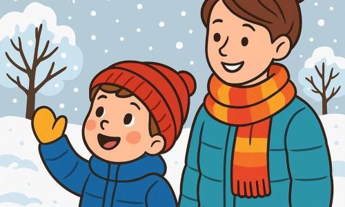 Ein kleiner Junge von 4 Jahren namens Noah, mit rosigen Wangen und neugierigen, funkelnden Augen, steht im Schnee. Er trägt eine dicke blaue Jacke, eine rote Mütze und gelbe Handschuhe und lächelt staunend, während er die Hand hebt, um einen fallenden Schneeflocken zu fangen. Neben ihm beobachtet seine Mama, eine etwa 30-jährige Frau mit braunen, zu einem Dutt gebundenen Haaren und einem warmen Lächeln, ihn zärtlich, während sie einen bunten Schal und eine Daunenjacke trägt. Die Szenerie ist ein Wintergarten, bedeckt mit einem dicken Mantel aus funkelndem Schnee, mit kahlen Bäumen, deren Äste mit Schnee beladen sind, und einem hellgrauen Himmel, in dem Schneeflocken sanft tanzen. Die Szene zeigt Noah und seine Mama, die den magischen Moment des Winters genießen, umgeben von der friedlichen Schönheit der verschneiten Natur.