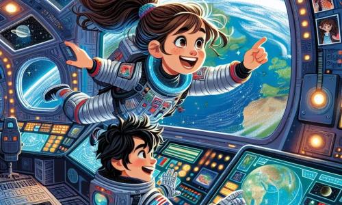 En primer plano, una joven llamada Serena, de unos 12 años, flota en una nave espacial. Tiene el pelo largo y castaño recogido en una coleta y lleva un traje espacial plateado con detalles de colores. Su rostro expresa una inmensa alegría y asombro mientras mira por la ventanilla, descubriendo la belleza de la Tierra desde el espacio, con estrellas brillantes de fondo. A su lado, un chico llamado Tomás, también de 12 años, manipula un pequeño dispositivo científico. Tiene el pelo negro desordenado y lleva un traje espacial similar al de Serena. Sonríe, fascinado por el equipo, y se encuentra ligeramente al fondo, observando con curiosidad. La nave espacial está llena de paneles de control luminosos, gráficos holográficos flotantes y ventanas que ofrecen una vista espectacular del espacio. Las paredes están adornadas con fotos de misiones espaciales y estrellas brillantes. La escena principal muestra a Serena y Tomás en plena exploración, maravillados por la vista de la Tierra y las estrellas, simbolizando su sueño de ser astronautas y su sed de descubrir el universo.