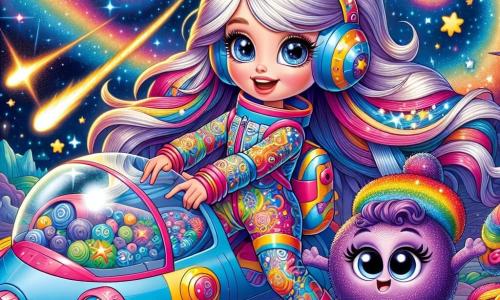 Lyra Stardust is a woman with long, shimmering hair like a starry sky and sparkling, curious eyes. She wears a colorful jumpsuit adorned with galactic patterns and is focused on adjusting the controls of her spaceship, the Celestial Whirlwind, with a determined and joyful expression. Beside her, Wobble, a small round purple being with big bright eyes and a mischievous smile, perches on her shoulder, excitedly watching the shooting stars, ready to cheer Lyra on in their adventure. In the background, the Twinkling Nebula stretches majestically, with swirling colorful clouds and sparkling stars illuminating the sky. Flashes of light and comets traverse space, creating a magical and dynamic atmosphere. The main scene shows Lyra and Wobble racing against the Cosmic Jester, a tall, slender character in a multicolored patchwork costume, twirling through space with a playful grin. They compete on a starry track surrounded by swirling confetti and glowing obstacles, with the tension and excitement of the race palpable in the cosmic air.