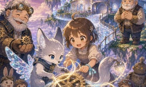Aurel, a small winged science-fantasy fox with silvery fur, glasslike wings and a glowing lantern-tail, wraps a ribbon of light around a large brass gear with gentle determination; Mina, an ~8-year-old human girl with bright eyes and a smile, stands behind him wearing a light ribbon on her wrist and holding a small roll, helping guide the luminous thread; Grandfather Birch, an elderly toy-boat carver with thick hands, watches from his islet garden with a relieved, moist-eyed look toward the repaired bridge; Old Jor, the machine keeper, rotund with brass goggles and oil-stained jacket, hands a ticking small gear to Aurel from the left. The setting: floating islets above a sea of clouds, a round hospice house carved from memory-reflecting crystal, silver-light bridges between islets and a starry twilight sky. Main scene: Aurel and Mina stitch a luminous composite bridge where memory-thread intertwines with a shining gear, the bridge budding ribbons of light as nearby islanders watch in wonder. Visual style: soft pastels and neon, crystal textures, light steampunk details, manga-expressive faces, warm magical atmosphere.