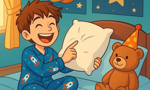A 12-year-old boy named Max, with tousled brown hair and sparkling mischievous eyes, is lying on his bed with a big smile. He wears blue pajamas with rocket patterns and holds a fluffy pillow that makes a squeaking sound. Next to him, a smiling teddy bear sits with a small clown hat, as if attending a show. The room is decorated with posters of planets and stars, and a soft, colorful rug covers the floor. Soft light filters through the curtains, creating a warm and inviting atmosphere. Max, in a joyful pose, is telling a joke to his pillow, ready to burst into laughter. The pillow, with a soft texture and a playful expression, seems to respond to his words, adding a touch of magic to the scene.