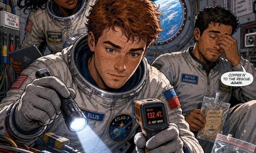 A young male astronaut, about 28, freckled, attentive and kindly with slightly furrowed brows, wearing a slightly worn white spacesuit with colored velcro, thick gloves and a small mission patch, holding a flashlight and an infrared thermometer inspecting a warm thin cable; a female commander, about 40, black hair floating, calm and authoritative, holding a tablet and looking over his shoulder from just behind left; a male engineer, about 30, brown hair, tired but relieved, seated slightly aft to the right rubbing his eyes and holding a floating space-food pouch; interior of a narrow high-tech space station with light-gray metal walls, rows of colored cables, labeled panels, velcro fasteners, a small vent and a hatch with a porthole showing blue Earth; calm, precise technical inspection with bright light on the suspect cable, tiny dust or a small insulation fragment in a plastic bag, tethers and tools velcroed, collaborative safe atmosphere, cool instrument lighting contrasted with warm flashlight glow; graphic style: clean inking, bright high-contrast colors, detailed textures on suits and cables, expressive facial lines, dynamic slight low-angle composition.