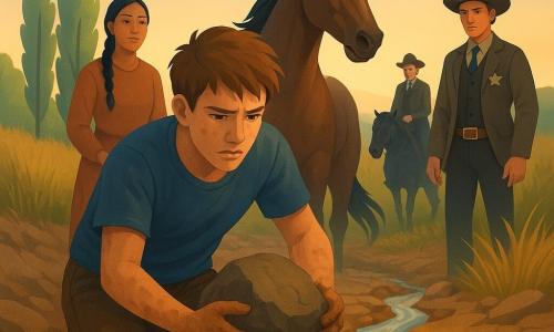 Luke, a 16-year-old boy with a dusty, focused face and dirty hands, lifts a large stone from the diversion—determined but slightly trembling; Comet, the big bay horse, snorts and stands just behind him with ears pricked and tense muscles; Aiyana, about 35, copper-skinned with a dark braid, stands a few meters left near the poplars, calm and relieved, watching Luke kindly; Deputy Sheriff Sloane, about 32, wearing a hat and utility vest, stands to the right, upright and protective with a firm expression and hand near her holster; Mr. Hargrove, about 45 in a dirty suit with a proud air, sits on a black horse in the background right, looking upset. The setting is a dry stream bed with a fresh trench and stacked stones, cracked ground, tall golden grasses, a row of green poplars and a wide sky in warm morning light. The main action: water surges back toward the original channel, a shiny muddy flow returning—a visual of justice restored, tense but hopeful. Graphic style: softly saturated colors, smooth gradients, light paper textures and clear, child-friendly composition.
