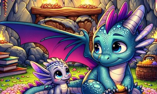 Tuli, un pequeño dragón de escamas azules brillantes, está sentado sobre una alfombra de flores coloridas, con una expresión de curiosidad y esperanza en su rostro. Sus grandes alas están desplegadas detrás de él, tocando suavemente el suelo. A su lado, Lila, su hermana dragona de escamas rosas y ojos chispeantes, mira a Tuli con una expresión traviesa, sosteniendo un pequeño tarro de miel en sus patas delanteras. Ella sonríe, un poco culpable, mientras se esconde detrás de una gran roca. En el fondo, la cueva acogedora está adornada con cristales brillantes que reflejan la luz, y libros coloridos están esparcidos a su alrededor, creando un ambiente cálido y mágico. La situación principal muestra a Tuli y Lila conversando, con Tuli intentando encontrar las palabras para disculparse tras su disputa, mientras Lila, un poco tímida, se prepara para ofrecerle el tarro de miel para hacer las paces.