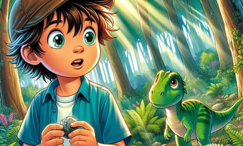 Um garoto de 12 anos, Miguel, com cabelos castanhos bagunçados e olhos brilhantes de curiosidade, está no meio de uma floresta densa, seu rosto iluminado por admiração e um leve sorriso. Ele usa uma camiseta azul e um velho boné, segurando uma pedra brilhante na mão, enquanto observa um pequeno dinossauro herbívoro, com pele verde e olhos suaves, que está a poucos passos dele, curioso e amigável. A floresta é exuberante, cheia de árvores gigantes com troncos grossos e folhas verdes vibrantes, com raios de sol filtrando através da folhagem, criando sombras dançantes no chão coberto de samambaias e flores coloridas. A cena principal mostra Miguel, maravilhado e um pouco apreensivo, descobrindo este mundo pré-histórico, enquanto o dinossauro se aproxima lentamente, como se quisesse fazer amizade com ele.
