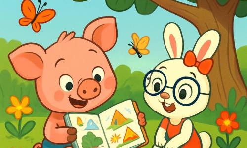 Um pequeno porquinho rosa, chamado Tomás, com grandes orelhas redondas e olhos brilhantes de curiosidade, está sentado sob uma velha figueira, sorrindo entusiasticamente enquanto segura um caderno de desenhos cheio de esboços coloridos. Ao seu lado, sua melhor amiga, uma coelhinha branca chamada Rita, com óculos redondos e um laço vermelho nas orelhas, olha para o caderno com admiração, seus olhos brilhando de excitação. O local é um jardim ensolarado, cheio de flores vibrantes, borboletas voando e um gramado verdejante, com uma grande figueira oferecendo sombra. A cena principal mostra Tomás e Rita planejando suas aventuras de verão, cercados por lápis de cor, folhas e pequenas ferramentas de jardinagem, prontos para criar um vulcão de lama e explorar o mundo ao seu redor.