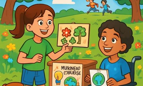 Há 2 personagens principais: - Sofia: Uma menina de 10 anos com longos cabelos castanhos presos em um rabo de cavalo. Ela usa uma camiseta verde vibrante e um short jeans. Sofia segura um pequeno cartaz de papelão com desenhos de flores e árvores, sorrindo entusiasticamente. - Ana: Uma menina de 10 anos, sentada em uma cadeira de rodas. Ela tem cabelos curtos e cacheados e usa uma camiseta azul com estampas de folhas. Ana olha para Sofia com um grande sorriso, segurando um lápis e um caderno de esboços em seu colo. O cenário principal é um parque verdejante, repleto de flores coloridas e árvores majestosas. O céu é de um azul brilhante, com algumas nuvens brancas e fofas. Crianças brincam ao longe e pássaros cantam nos galhos. No centro, uma grande mesa de madeira é decorada com desenhos sobre mudanças climáticas, cercada por jovens crianças curiosas. A situação principal da história mostra Sofia e Ana, determinadas, apresentando seu projeto sobre proteção ambiental a um grupo de crianças. Sofia explica com paixão, enquanto Ana mostra seus esboços inspiradores. A atmosfera é alegre e cheia de energia, ilustrando a importância de cuidar do planeta.
