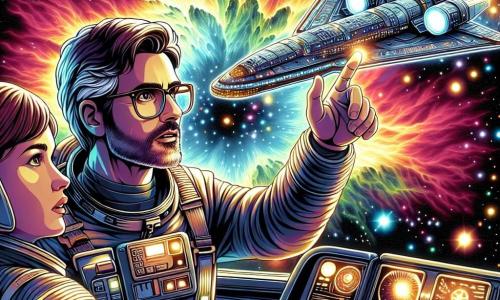 Al centro dell'immagine, il personaggio principale, il dottor Leonardo Ferri, è un uomo di mezza età con capelli brizzolati e occhiali che scivolano sul naso. Ha uno sguardo di meraviglia ed eccitazione mentre osserva una magnifica nebulosa colorata attraverso il finestrino della sua navetta spaziale. Indossa una tuta spaziale futuristica, decorata con luci scintillanti. Alla sua destra, la capitana Sara Moretti, una donna di circa 30 anni con capelli corti e castani, è concentrata sui comandi della console. Indossa una tuta da pilota elegante e guarda attentamente gli schermi, pronta a dare ordini. Sullo sfondo, la navetta "Stella Nova" fluttua maestosamente nello spazio, circondata da nuvole di gas multicolore della Nebulosa di Orione, illuminata da stelle brillanti che scintillano nell'immensità nera dell'universo. La scena principale mostra Leonardo e Sara in piena esplorazione, con Leonardo che indica un curioso segnale luminoso proveniente dalla nebulosa, mentre lampi colorati danzano attorno a loro, creando un'atmosfera magica e misteriosa.
