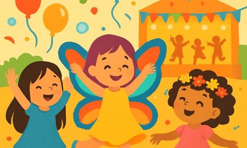 Há 3 personagens: Lila, uma menina de 4 anos com grandes asas de borboleta coloridas, vestida com um vestido amarelo brilhante, dança alegremente no centro do palco; Bela, uma menina de 4 anos com cabelos cacheados e uma coroa de flores na cabeça, usa um vestido rosa cintilante e gira à direita de Lila; Nena, uma menina de 4 anos com cabelos longos e brilhantes, veste um vestido azul cintilante e está à esquerda de Lila, levantando os braços para o céu e rindo. O local é uma praça animada, cheia de decorações coloridas: bandeirinhas multicoloridas flutuam ao vento, confetes caem suavemente e balões redondos e brilhantes dançam no ar. Ao fundo, um palco é adornado com luzes vivas e crianças dançam ao redor, criando uma atmosfera festiva e alegre. A cena principal mostra as três meninas dançando juntas, cercadas de música e risos, com rostos radiantes de felicidade, enquanto bolhas de sabão flutuam ao seu redor, acrescentando um toque mágico a este carnaval colorido.