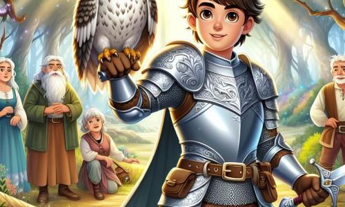 In het midden van de afbeelding staat een jonge man, Aric, afgebeeld als een dappere ridder. Hij heeft rommelig bruin haar, ogen die stralen van vastberadenheid en draagt een glanzende harnas versierd met drakenmotieven. Hij heft trots zijn zwaard, klaar om een groot gevaar onder ogen te zien, met een uitdrukking van moed op zijn gezicht. Naast hem zit een oude wijze uil, zittend op een tak, die de scène met scherpe ogen observeert. Ze heeft grijs-witte veren en lijkt klaar om Aric advies te geven. Iets verderop kijkt een groep dorpsbewoners, mannen en vrouwen van middelbare leeftijd, hoopvol en bewonderend, hun gezichten getekend door vermoeidheid maar verlicht door vastberadenheid. De achtergrond is een uitgestrekte open plek in het hart van een betoverd bos, met majestueuze bomen met groene bladeren en zonnestralen die door de takken filteren. Kleurrijke bloemen bedekken de grond en een lichte magische mist hangt in de lucht. De belangrijkste scène toont Aric die zich voorbereidt om het enorme zwarte draak te confronteren dat uit een donkere grot op de achtergrond tevoorschijn komt en vlammen spuugt. De sfeer is gespannen, gevuld met een mix van angst en opwinding, terwijl het lot van de wereld op de schouders van de jonge ridder rust.