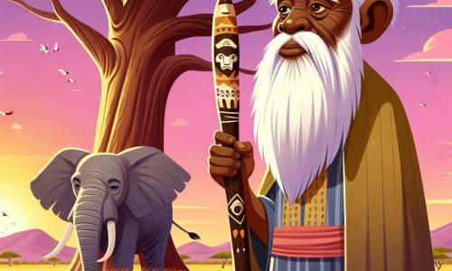 Un hombre anciano, Baba Kofi, se encuentra bajo un gran baobab, con un rostro arrugado y sabio, ojos profundos como lagos tranquilos, y una barba blanca que le llega hasta el pecho. Muestra una determinación suave, sosteniendo un bastón tallado con motivos de animales, mientras mira al cielo, como si escuchara los susurros del viento. A su lado, un majestuoso elefante, guardián de la sabana, se mantiene orgulloso, con grandes orejas y una piel gris marcada por el tiempo. Observa atentamente a Baba Kofi, listo para ofrecerle su ayuda. El escenario es una vibrante sabana africana, bañada por la luz dorada del sol poniente, con hierbas altas ondeando suavemente al viento y siluetas de árboles que se extienden hasta el horizonte. Al fondo, se ven montañas lejanas y un cielo salpicado de nubes rosas y violetas. La situación principal muestra a Baba Kofi escuchando el viento, mientras el elefante está a su lado, simbolizando la unión entre el hombre y la naturaleza, buscando entender el desequilibrio de la sabana y listos para restaurar la armonía perdida.